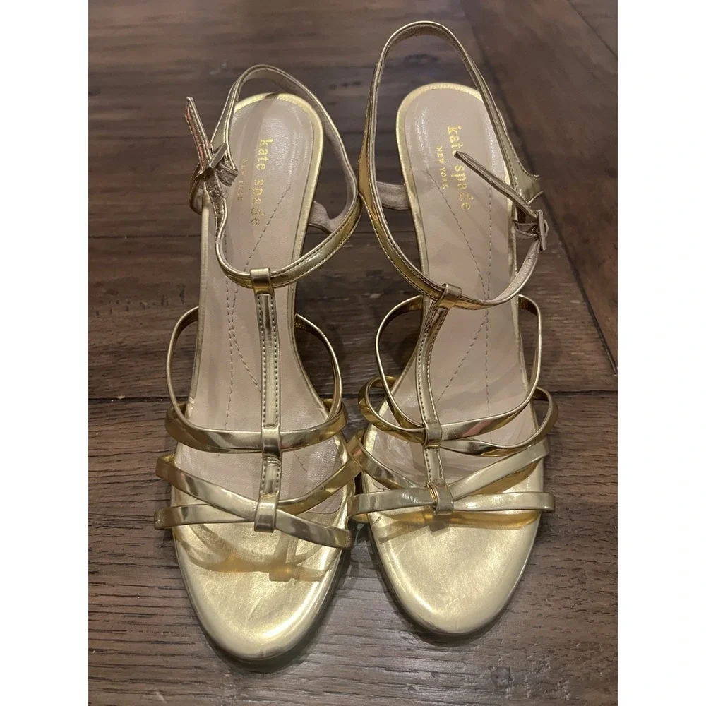 KATE SPADE Women's Sz 8.5 B Metallic Gold Leather Ankle Strap Pumps Heel Sandals